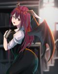  1girl :d backlighting bat_wings black_dress blurry book book_hug bookshelf breasts collared_shirt colored_eyelashes cowboy_shot depth_of_field dress dress_shirt hair_between_eyes head_wings highres holding holding_book i-coat koakuma long_hair looking_at_viewer looking_to_the_side medium_breasts necktie open_mouth pinafore_dress puffy_short_sleeves puffy_sleeves red_eyes red_hair red_neckwear shirt short_sleeves sidelocks sleeveless sleeveless_dress smile solo stairs touhou white_shirt wings 