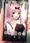  1girl :d absurdres artist_name bangs black_bow blue_eyes blunt_bangs blurry blurry_background bow breasts cellphone claw_pose collarbone commentary depth_of_field drawn_ears drawn_whiskers face_filter fang fujiwara_chika hair_bow highres holding holding_phone kaguya-sama_wa_kokurasetai_~tensai-tachi_no_renai_zunousen~ large_breasts long_hair looking_at_viewer open_mouth phone pink_hair pov sasoura school_uniform short_sleeves smartphone smile solo_focus upper_body 