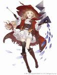  &gt;:) 1girl :d asymmetrical_legwear blonde_hair book boots bracelet cloak cross-laced_footwear dress frills full_body gloves hat jewelry ji_no little_red_riding_hood_(sinoalice) long_hair looking_at_viewer official_art open_mouth orange_eyes single_thighhigh sinoalice smile solo square_enix thighhighs torn_cloak torn_clothes upper_teeth wand white_background white_dress witch_hat 
