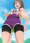  2girls :d bike_shorts blue_sky brown_eyes brown_hair cloud day eyebrows_visible_through_hair green_shorts haruyama_kazunori healin&#039;_good_precure multiple_girls open_mouth outdoors ponytail precure purple_shorts sawaizumi_chiyu short_hair shorts sky sleeveless smile sportswear teeth upper_teeth 