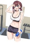  1girl absurdres baffu blue_eyes bottle breasts cleavage collarbone commentary_request eyebrows_visible_through_hair hand_up highres holding holding_bottle large_breasts looking_to_the_side midriff navel open_mouth original red_hair short_hair short_shorts shorts solo sportswear sweat 