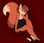  2020 3_toes anthro arm_tuft canid canine classy clothed clothing countershading digital_media_(artwork) dipstick_tail elbow_tufts female fingers footwear fox fully_clothed hair hi_res high_heels jewelry kabula_(artist) looking_at_viewer mammal multicolored_tail necklace orange_eyes paws red_background red_fox red_hair seductive shoes simple_background smile solo toes tuft 