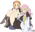  &gt;_&lt; 1boy 1girl bangs belt black_skirt blonde_hair blush braid carrying center_opening eyebrows_visible_through_hair gradient_hair green_hair kanroji_mitsuri kimetsu_no_yaiba kneeling looking_down multicolored_hair one_knee open_mouth pink_hair princess_carry red_hair rengoku_senjurou skirt struggling sweat twin_braids v-shaped_eyebrows white_background white_belt yabaimo 