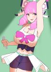  1girl arm_up armpits bangs black_shorts bow breasts cleavage cowboy_shot green_background highres holding holding_microphone klara_(pokemon) large_breasts microphone midriff navel open_mouth pink_bow pink_hair pokemon purple_eyes shadow shorts smile solo tatsu_(user_rjes8545) 