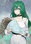 1girl bags_under_eyes blush bouquet breasts choker dress english_commentary flower green_eyes green_hair green_nails highres holding holding_bouquet indie_virtual_youtuber koopa_fortuna large_breasts long_hair long_sleeves looking_at_viewer no_bra open_mouth pollenoxide rain solo spiral_eyes virtual_youtuber wavy_hair wet wet_clothes white_dress withered 