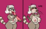  anthro aunt_fanny_(liebeslied) big_breasts breasts comic deep_throat dildo ear_piercing ear_ring eyes_closed female genitals jewelry liebeslied mammal mature_female navel necklace nipples oral piercing procyonid pussy raccoon sex_toy solo wide_hips 