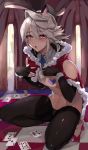  1boy animal_ears asymmetrical_hair black_legwear blush bulge bunny_ears cape card commentary_request corrin_(fire_emblem) corrin_(fire_emblem)_(male) covered_nipples crossdressing elbow_gloves embarrassed eyelashes fake_animal_ears fingerless_gloves fire_emblem fire_emblem_fates full_body fur_trim gloves hair_between_eyes high_heels highres looking_at_viewer male_focus navel open_mouth otoko_no_ko playing_card playing_games pointy_ears red_eyes red_footwear shadow shiny shiny_hair shiny_skin silver_hair single_sidelock sleeve_cuffs solo squatting thighs toned toned_male w_(1999_kyu) wrist_cuffs 