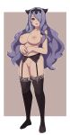  1girl bar_censor black_legwear breasts brown_background camilla_(fire_emblem) censored commentary_request fire_emblem fire_emblem_fates full_body garter_belt garter_straps hair_over_one_eye headpiece heart heart-shaped_pupils highres lamb-oic029 large_breasts long_hair looking_at_viewer nipples open_mouth purple_hair pussy red_eyes smile solo standing symbol-shaped_pupils thighhighs topless two-tone_background white_background 