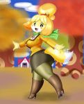  animal_crossing anthro aozora_(tasogare_aozora) bell big_butt blush blush_stickers butt butt_pose canid canine canis domestic_dog female high_heeled_boots isabelle_(animal_crossing) looking_at_viewer mammal nintendo pose scarf shih_tzu solo thick_thighs toy_dog video_games wide_hips 