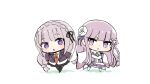  2girls :&lt; :o bangs black_legwear black_skirt braid butterfly_hair_ornament chibi commentary cosplay danganronpa danganronpa_1 dress emilia_(re:zero) emilia_(re:zero)_(cosplay) eyebrows_visible_through_hair flower full_body hair_flower hair_ornament jacket k_73soon kirigiri_kyouko kirigiri_kyouko_(cosplay) long_hair long_sleeves looking_at_viewer multiple_girls necktie open_mouth purple_eyes purple_hair purple_jacket re:zero_kara_hajimeru_isekai_seikatsu red_neckwear shadow sidelocks simple_background single_braid skirt sleeves_past_fingers sleeves_past_wrists thighhighs white_background white_dress white_legwear wide_sleeves 