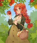  1girl ahoge apple artist_name bangs basket blue_sky blush braid breasts buttons cardigan choker cleavage cowboy_shot crescent_necklace day elf_exar eyebrows_visible_through_hair floral_print flying_sweatdrops food freckles fruit green_belt green_cardigan green_eyes high_belt highres holding holding_basket holding_food holding_fruit jewelry large_breasts leaf long_hair long_sleeves low-tied_long_hair mole mole_on_breast necklace open_cardigan open_clothes orange_hair original outdoors plant signature skirt sky solo star_(symbol) star_choker thick_eyebrows twin_braids twitter_username very_long_hair worms 