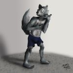  aleks_howes anthro beastars boxers_(clothing) boxers_only canid canine canis claws clothed clothing fingernails gesture hi_res inner_ear_fluff legoshi_(beastars) male mammal nails partially_clothed pupils raised_tail sharp_claws sharp_fingernails sharp_nails sharp_toenails simple_background small_pupils solo toenails tuft underwear wide_eyed wolf 