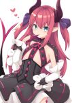  1girl black_shirt black_skirt blue_eyes blush breasts detached_sleeves dragon_girl dragon_horns elizabeth_bathory_(fate) elizabeth_bathory_(fate)_(all) fang fate/extra fate/extra_ccc fate/grand_order fate_(series) hand_on_hip hand_to_own_mouth horns long_hair open_mouth red_hair ribbon rururiaru shirt simple_background skirt small_breasts smile solo white_background white_sleeves 