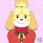  1:1 2020 animal_crossing anthro big_breasts blush breasts canid canine canis clothed clothing domestic_dog female fur hair hi_res isabelle_(animal_crossing) looking_at_viewer mammal nintendo pink_background richyminer shih_tzu simple_background smile solo toy_dog video_games yellow_body yellow_fur 