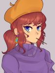  1girl a_hat_in_time alternate_costume blue_eyes brown_hair closed_mouth earrings eyebrows_visible_through_hair fujimna hat_kid highres jewelry looking_at_viewer older purple_sweater short_ponytail sidelocks solo sweater turtleneck turtleneck_sweater upper_body 