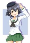  1girl ;d bangs beret black_hair black_headwear black_neckwear blouse blue_background braid brown_eyes commentary eyebrows_visible_through_hair girls_und_panzer green_skirt hat long_sleeves looking_at_viewer ma-2_(konkon_kitakitsune) miniskirt neckerchief one_eye_closed ooarai_school_uniform open_mouth outside_border pepperoni_(girls_und_panzer) pleated_skirt sailor_collar salute school_uniform serafuku shadow short_hair side_braid skirt smile solo standing tilted_headwear white_blouse white_sailor_collar 