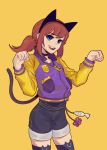  1girl a_hat_in_time animal_ears black_legwear blue_eyes blush brown_hair cat_ears cat_tail choker collarbone denim denim_shorts eyebrows_visible_through_hair fake_animal_ears fake_tail fujimna hat_kid highres jacket long_sleeves looking_at_viewer older open_mouth paw_pose short_hair short_ponytail shorts sidelocks simple_background smile solo tail thighhighs track_jacket upper_teeth yellow_background 