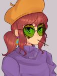  1girl a_hat_in_time alternate_costume blue_eyes brown_hair closed_mouth earrings eyebrows_visible_through_hair fujimna hat_kid highres jewelry looking_at_viewer older purple_sweater round_eyewear short_ponytail sidelocks solo sunglasses sweater turtleneck turtleneck_sweater upper_body 
