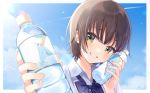  1girl blue_neckwear blue_sky bottle bow bowtie brown_hair commentary_request day green_eyes grin highres lens_flare looking_at_viewer original outdoors shigure_ui shirt short_hair sky smile solo upper_body water_bottle white_shirt 