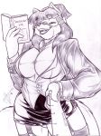  2006 anthro big_breasts black_and_white book bottomwear breasts canid canine canis cleavage clothed clothing female garter_straps gunmouth hair legwear long_hair mammal miniskirt monochrome raven_hunt skirt smile solo stockings teacher wolf 