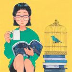  1girl bangs birdcage black_hair black_shorts book cage closed_eyes cup feet_out_of_frame glasses green_shirt highres holding holding_cup kan0nakan0 long_sleeves open_book original pile_of_books shirt short_hair shorts simple_background sitting solo twitter yellow_background 