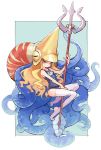  1girl blonde_hair blue_swimsuit breasts full_body helmet highres holding holding_weapon kasa long_hair midnight_bliss name_tag nautilus_(animal) nool polearm red_eyes school_swimsuit shell simple_background small_breasts solo swimsuit tentacles thighhighs trident two-tone_background weapon white_legwear 