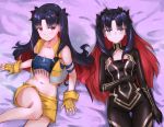  2girls bangs black_bodysuit black_hair black_ribbon blue_bandeau blush bodysuit breasts collarbone covered_navel cropped_vest dual_persona eyebrows_visible_through_hair fate/grand_order fate_(series) fingerless_gloves gloves hair_ribbon ishtar_(fate)_(all) looking_at_viewer lying maki_(pixiv9288678) midriff multicolored_hair multiple_girls navel on_back parted_bangs red_hair ribbon shorts small_breasts space_ishtar_(fate) two-tone_hair two_side_up vest yellow_gloves yellow_shorts yellow_vest 