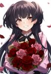  1girl bangs black_hair black_ribbon blouse blunt_bangs blurry_foreground bouquet commentary eyebrows_visible_through_hair flower highres holding holding_bouquet idolmaster idolmaster_shiny_colors kurousagi_yuu long_hair looking_at_viewer mayuzumi_fuyuko neck_ribbon petals pink_blouse pink_flower pink_rose red_flower red_rose ribbon rose smile solo upper_body white_background 