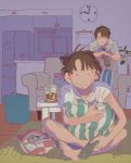  1boy 1girl 22irum bag barefoot blue_neckwear blue_shorts brown_hair clock collared_shirt controller couch cup highres indoors looking_at_viewer necktie original pillow plant remote_control rug shirt short_hair short_sleeves shorts snack table white_shirt 