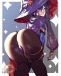  1girl ass bent_over black_hair blush commentary_request genshin_impact green_eyes grin hands_on_own_knees hat kukumomo long_hair mona_(genshin_impact) pantyhose smile solo thick_thighs thighs witch_hat 