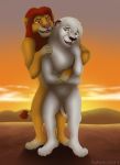  anthro digital_media_(artwork) disney duo fangs featureless_crotch felid fur hi_res lion male mammal mane open_mouth pantherine pose rahir_(artist) simba sunset the_lion_king white_body white_fur 