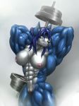  2020 abs absurd_res anthro better_version_at_source big_breasts big_muscles blue_body blue_fur blue_hair breasts canid canine canis dumbbell exercise female fur genitals hair hi_res hopey huge_muscles looking_at_viewer mammal muscular muscular_anthro muscular_female muscular_thighs nipples nude pecs pose pussy rizzyofen smile smirk solo veiny_muscles weightlifting weights wolf workout 