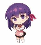  black_skirt chibi closed_mouth collared_shirt fate/stay_night fate_(series) gabiran heaven&#039;s_feel homurahara_academy_uniform lowres matou_sakura neck_ribbon purple_eyes purple_hair red_ribbon ribbon school_uniform shirt skirt smile socks white_background white_shirt 