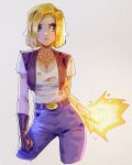 1girl android_18 belt black_gloves blonde_hair blue_hair blue_pants breasts cleavage cropped_legs davecavedraws denim dragon_ball dragon_ball_z gloves glowing highres jewelry large_breasts necklace pants shirt shirt_tucked_in short_hair short_sleeves solo torn_clothes torn_shirt white_shirt 