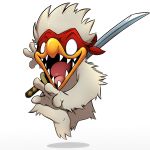  1:1 anthro avian bird chicken chicken_(nuclear_throne) female fur galliform gallus_(genus) happy hi_res jumping melee_weapon nuclear_throne phasianid simple_background smile solo superbinario sword teeth weapon white_eyes 