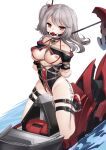  1girl absurdres arms_behind_back azur_lane bare_shoulders bdsm black_choker black_swimsuit bondage bound breasts character_name choker gag grey_hair guangmi highres iron_cross long_hair looking_at_viewer mechanical_animal medium_breasts nipples one-piece_swimsuit pussy_juice red_eyes restrained rope shibari shibari_over_clothes simple_background swimsuit thigh_strap tied_up u-410_(azur_lane) water white_background wooden_horse 