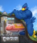  2020 absurd_res anthro avian bird blue_body blue_fur destruction factory falco_lombardi fur genitals hi_res macro male micro muscular muscular_anthro muscular_male nintendo nitrosimi96 penis solo star_fox video_games 