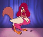  2020 animaniacs avian avian_caruncle beak big_chest bird brown_body brown_feathers chicken chicken_boo clothed clothing cosplay crossdressing disney feathers feral galliform gallus_(genus) hair jessica_rabbit looking_at_viewer male night_dress phasianid pink_eyes red_hair solo teer warner_brothers who_framed_roger_rabbit 