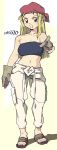  1girl absurdres bandeau bare_shoulders black_bandeau blonde_hair brown_footwear full_body fullmetal_alchemist gloves green_gloves highres long_hair midriff navel open_mouth pants sandals signature solo standing white_pants whoopsatro winry_rockbell 