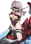  1girl absurdres arms_behind_back azur_lane bare_shoulders bdsm black_choker black_swimsuit blindfold bondage bound breasts character_name choker gag grey_hair guangmi highres iron_cross long_hair looking_at_viewer mechanical_animal medium_breasts nipples one-piece_swimsuit pussy_juice restrained rope shibari shibari_over_clothes simple_background swimsuit thigh_strap tied_up u-410_(azur_lane) water white_background wooden_horse 