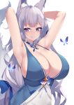  1girl animal_ear_fluff animal_ears armpits arms_up azur_lane blue_butterfly blue_ribbon breasts cleavage commentary_request covered_navel eyebrows_visible_through_hair fox_ears hair_between_eyes hair_ribbon highres huge_breasts kitsune kuavera light_purple_hair long_hair looking_at_viewer purple_eyes ribbon shinano_(azur_lane) shinano_(light_of_the_hazy_moon)_(azur_lane) simple_background tail upper_body very_long_hair white_background 
