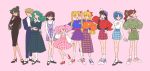  6+girls absurdres aino_minako alternate_costume arm_around_shoulder bangs baseball_cap belt beret bishoujo_senshi_sailor_moon black_dress black_footwear black_hair blonde_hair blue_eyes blue_footwear blue_hair blue_headwear blue_jacket blue_pants blue_shirt blue_skirt brown_hair chibi_usa dress green_eyes green_shirt green_shorts hair_bun hair_ribbon hand_on_hip hat high_heels highres hino_rei jacket kaiou_michiru kino_makoto long_hair long_skirt long_sleeves looking_at_viewer meiou_setsuna mizuno_ami multiple_girls open_mouth orange_shirt pants pantyhose parted_bangs pink_background pink_dress pink_eyes pink_footwear plaid plaid_dress plaid_skirt ponytail profile puffy_long_sleeves puffy_sleeves purple_dress purple_eyes purple_footwear purple_headwear red_footwear red_ribbon ribbon rikuwo shirt shoes short_hair shorts simple_background skirt smile sneakers socks striped striped_shirt ten&#039;ou_haruka tomoe_hotaru tsukino_usagi twintails white_legwear white_shirt 