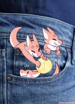  2019 3_fingers ambiguous_gender anthro bottomwear clothing coin denim denim_clothing fingers group jeans kobold micro multicolored_body nicopossum pants patreon patreon_logo photo_background text two_tone_body url 