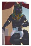  anthro anubis canid canine canis chair deity diaper egyptian egyptian_headdress egyptian_mythology furniture hi_res jackal male mammal middle_eastern_mythology muscular muscular_anthro muscular_male mythology outside pukaa solo taping_diaper throne 