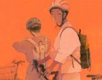  2boys backpack bag basket bicycle black_bag ground_vehicle helmet highres kan0nakan0 long_sleeves looking_at_viewer looking_away multiple_boys orange_background original shirt short_hair simple_background white_bag white_shirt 