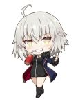  bangs black_dress black_footwear boots cape chibi coat comiket_96 cup dress fate/grand_order fate_(series) full-length_zipper fur-trimmed_coat fur_trim gabiran high_heel_boots high_heels jeanne_d&#039;arc_(alter)_(fate) jeanne_d&#039;arc_(fate)_(all) knee_boots lowres short_dress short_hair wicked_dragon_witch_ver._shinjuku_1999 yellow_eyes zipper 