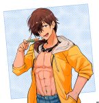  brown_hair fang food goggles goggles_around_neck hansode_(pumpton) highres jacket long_hair looking_at_viewer male_focus open_clothes open_jacket popsicle purple_eyes smile solo summer_pockets watermelon_bar 