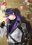  1boy belt black_belt black_gloves black_shirt bug butterfly ear_piercing eyewear_removed flower glasses gloves insect jacket looking_at_viewer male_focus mutoyuta nikkou_ichimonji piercing ponytail purple_eyes purple_hair red_flower shirt solo swallowtail_butterfly touken_ranbu white_flower white_jacket 