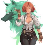  1girl belt black_pants blue_eyes breasts brown_gloves cleavage collared_shirt cowboy_shot fingerless_gloves giovanna_(guilty_gear) gloves green_fur guilty_gear guilty_gear_strive hair_over_one_eye hand_up highres index_finger_raised long_sleeves looking_at_viewer pants partially_unbuttoned police_badge rakeem_garcia-cueto rei_(guilty_gear) shirt suspenders white_background wolf 