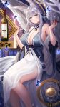 1girl absurdres alcohol animal_ear_fluff animal_ears azur_lane bangs bare_shoulders blue_butterfly blue_dress blue_eyes bottle breasts cleavage cup dress drinking_glass eyebrows_visible_through_hair feather_boa fox_ears grey_hair hair_ornament highres holding huge_filesize kitsune large_breasts long_hair looking_at_viewer minestrone_takizawa mole mole_under_eye multiple_tails open_mouth shinano_(azur_lane) shinano_(light_of_the_hazy_moon)_(azur_lane) sidelocks sitting solo tail thighs very_long_hair wine wine_bottle wine_glass 